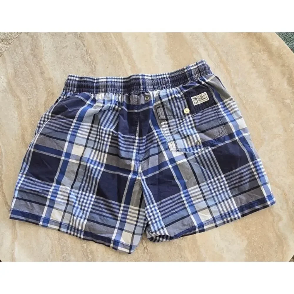 Vintage Polo Ralph Lauren Swim Trunks Mens L Blue Plaid Made Taiwan Palm Tree